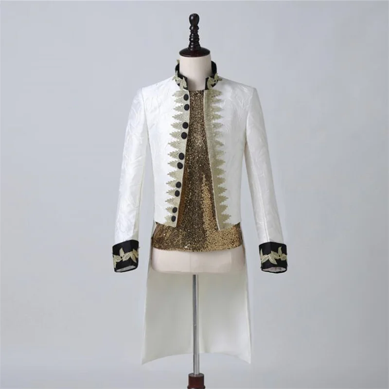 

European Blazers Mens Suit Jackets American White Court Prince'S Gold Embroidered Tuxedo Coat Male Singer'S Performance