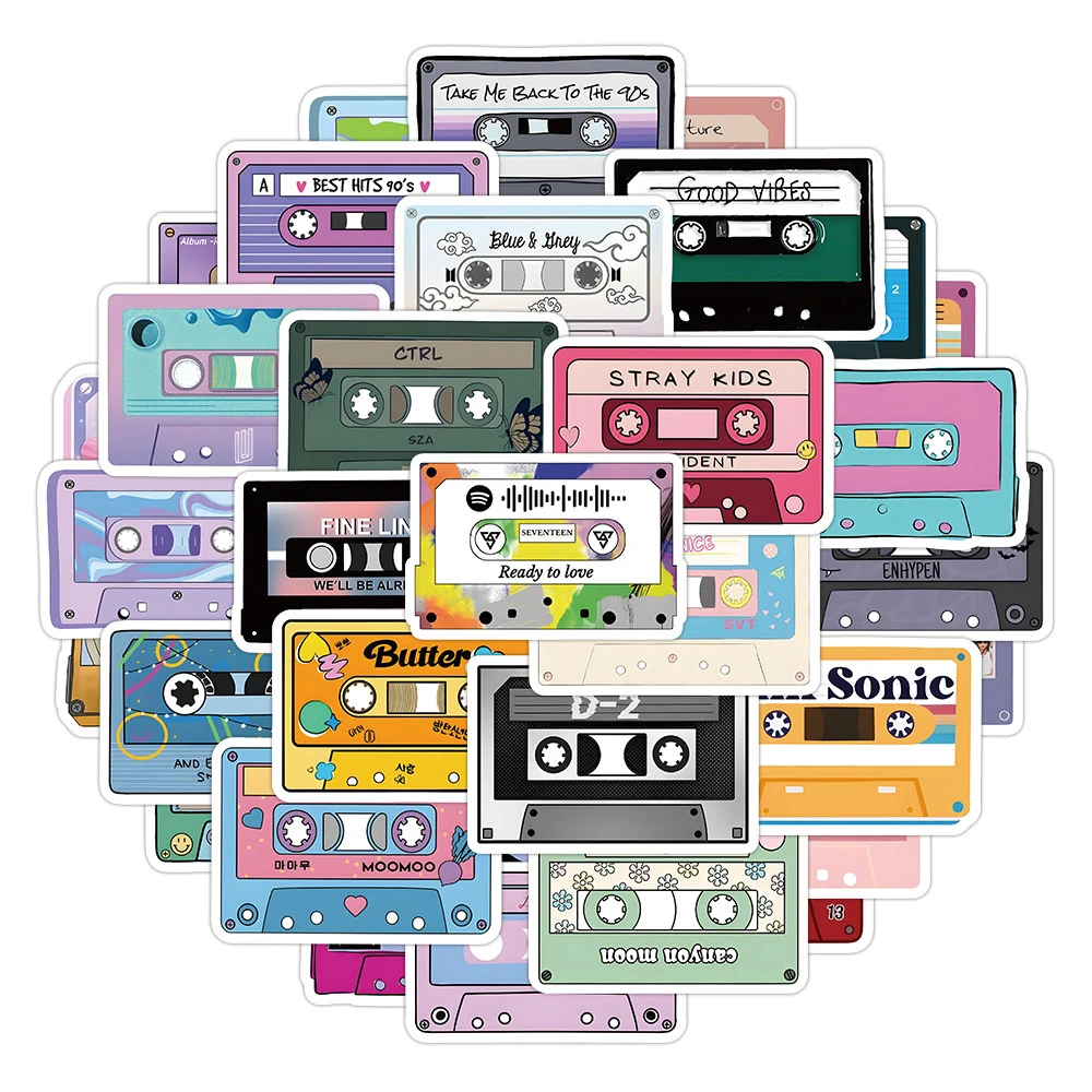 

10/30/50pcs Funny Cartoon Music Tape Aesthetic Stickers Decals Laptop Suitcase Notebook Phone Car Decoration Sticker Kids Toys