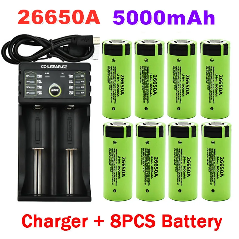 

100% New Original high quality 26650 battery 5000mAh 3.7V 50A lithium ion rechargeable battery for 26650A LED flashlight+charger