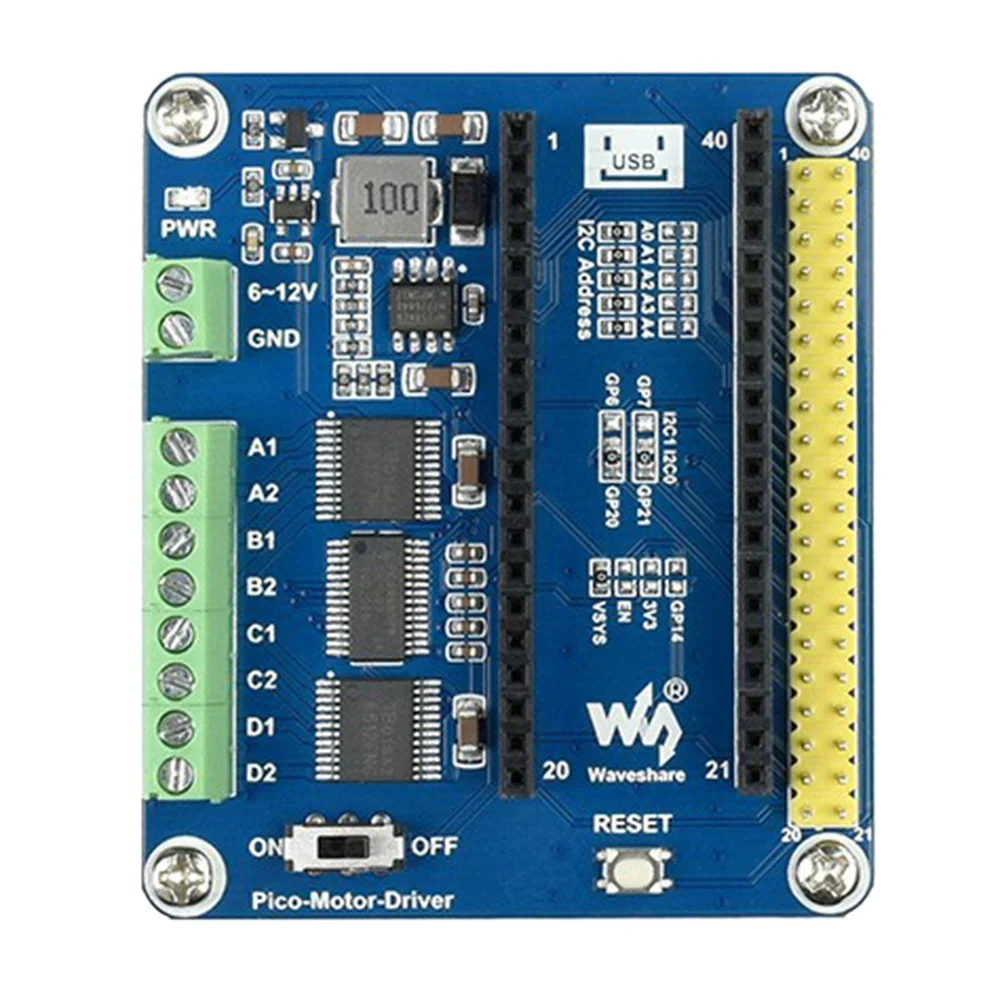 

Плата расширения привода Waveshare для Raspberry Pico, 4-сторонний Модуль интерфейса I2c для двигателя постоянного тока PCA9685, стандартный чип