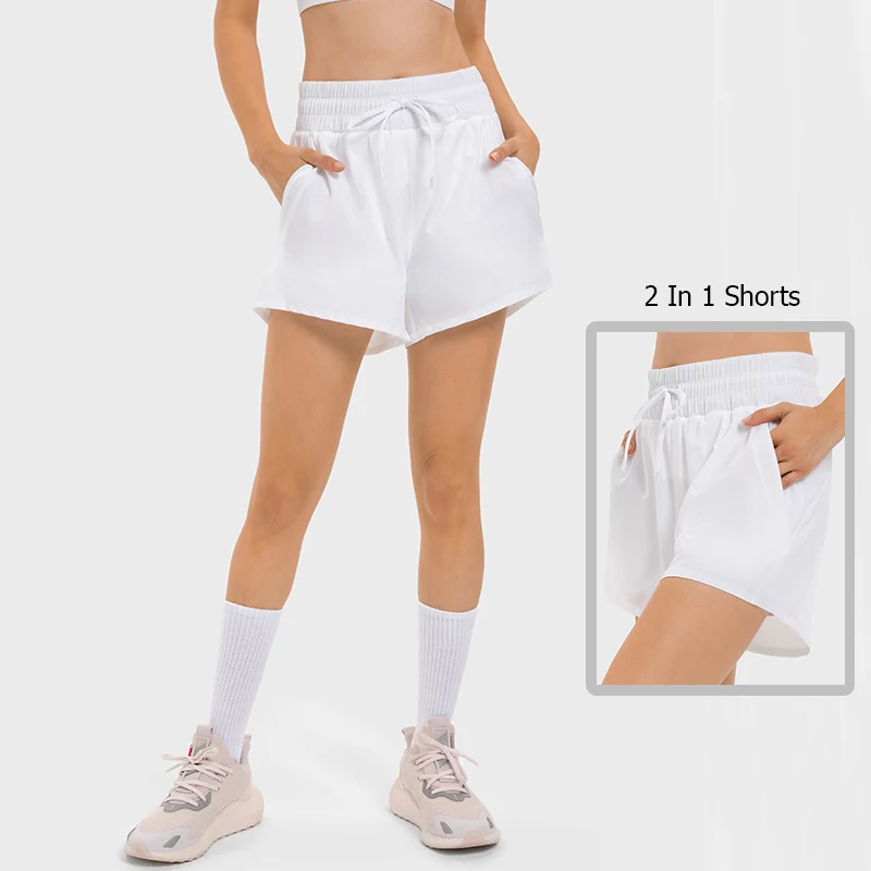 

Шорты для фитнеса и йоги 2 в 1, Женские однотонные Легкие уличные шорты для бега, Женская дышащая быстросохнущая Спортивная одежда для тренир...