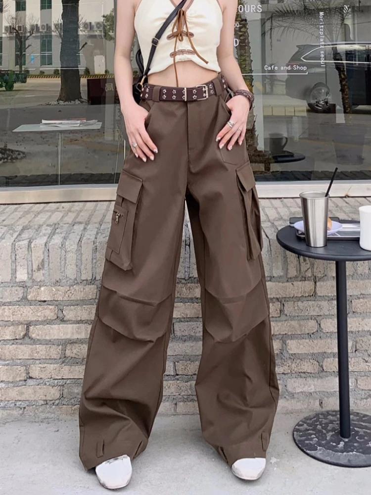 Deeptown Y2K Vintage Brown Cargo Pants Women Korean Style Pleated Wide Leg Trousers Oversized American Retro Streetwear Overalls