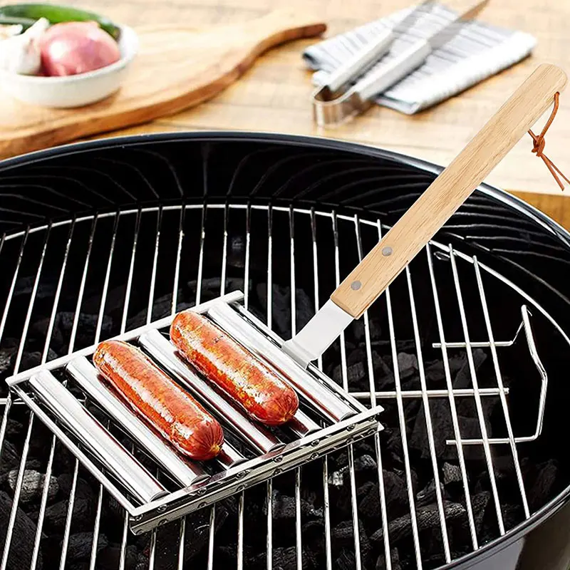 

New Hot Dog Roller Stainless Steel Sausage Roller Rack With Extra Long Wood Handle BBQ Hot Dog Griller For Kitchen Evenly Cooked