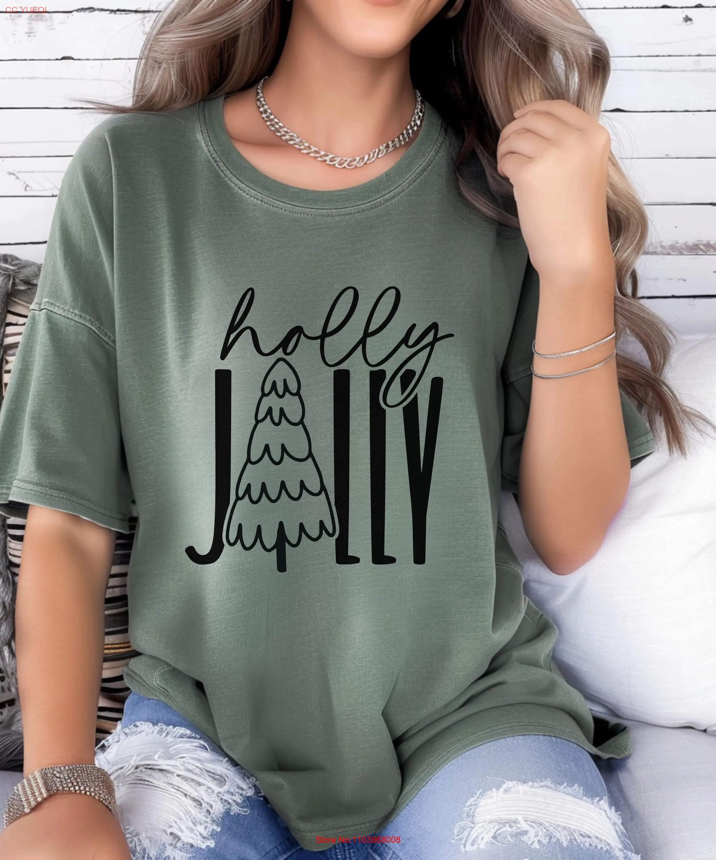 Футболка Comfort Colors Holly Jolly с длинными или короткими рукавами на Рождество и