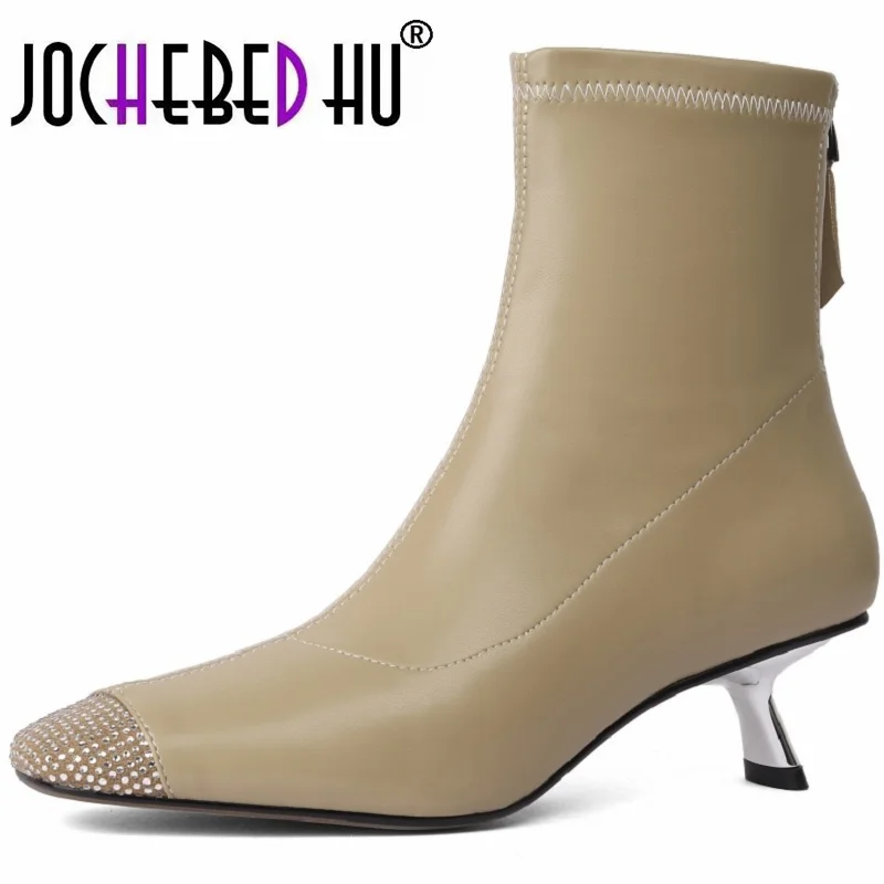 

【JOCHEBED HU】Brand High Heeled Women's Boots Square Toe Drill Elastic Leather Women's Shoes Boot Luxury Stiletto
