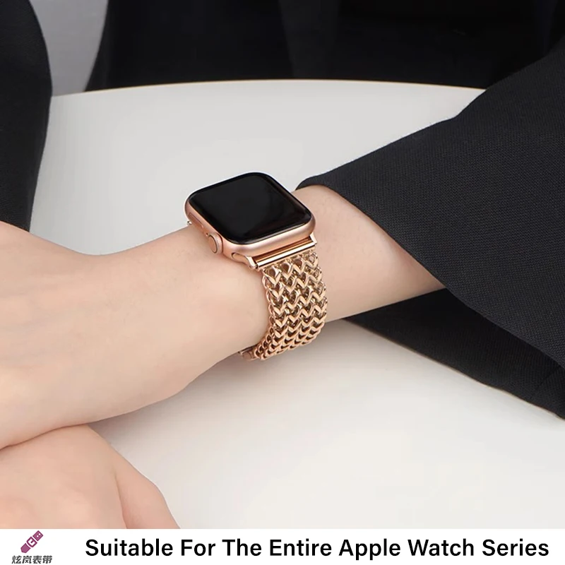 Фото Роскошный ремешок из нержавеющей стали для Apple Watch 9 8 7 6 SE 5 3 45/44/42/41 мм, металлический плетеный браслет Correa iWatch Ultra 49 мм 40 38 мм №3