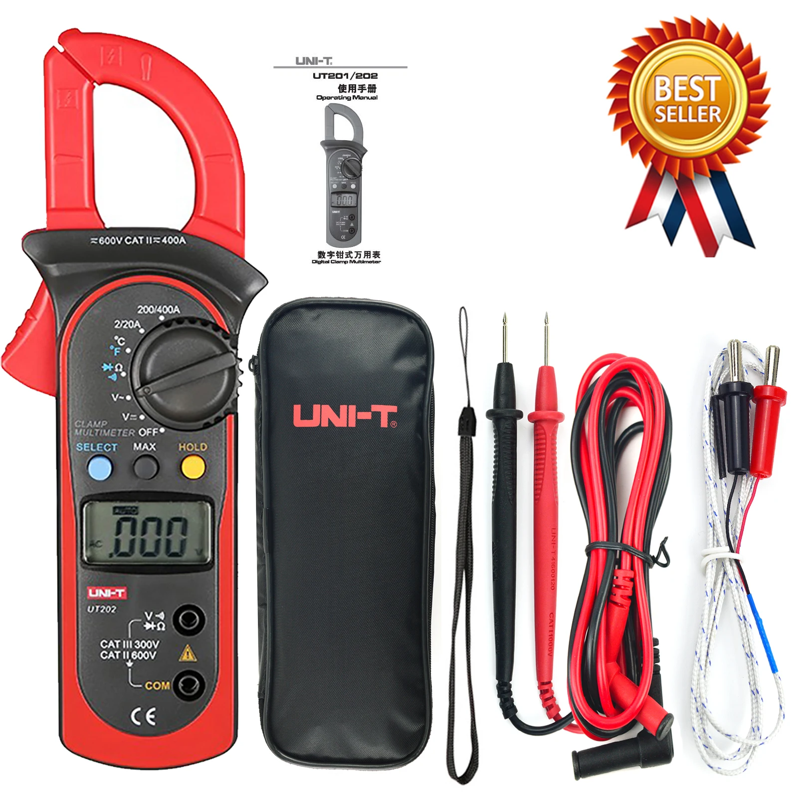 

UNI-T UT202 Auto Range Digital Clamp Meter Multimeter Voltmeter Ammeter DC AC Voltage Current Resistance Temperature Tester