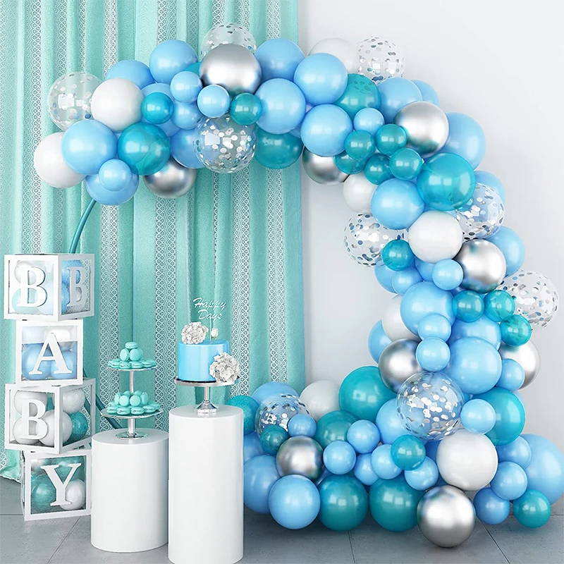

Синие и белые воздушные шары в форме арки, цвет металлик, серебро, конфетти, набор воздушных шаров для детского праздника, украшения для свадьбы, дня рождения