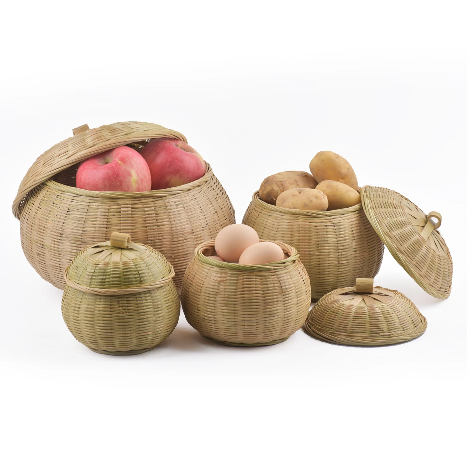 

Round Rattan Boxes with Lid Hand-Woven Multi-Purpose Wicker Tray Picnic Food Bread Table Storage Basket.
