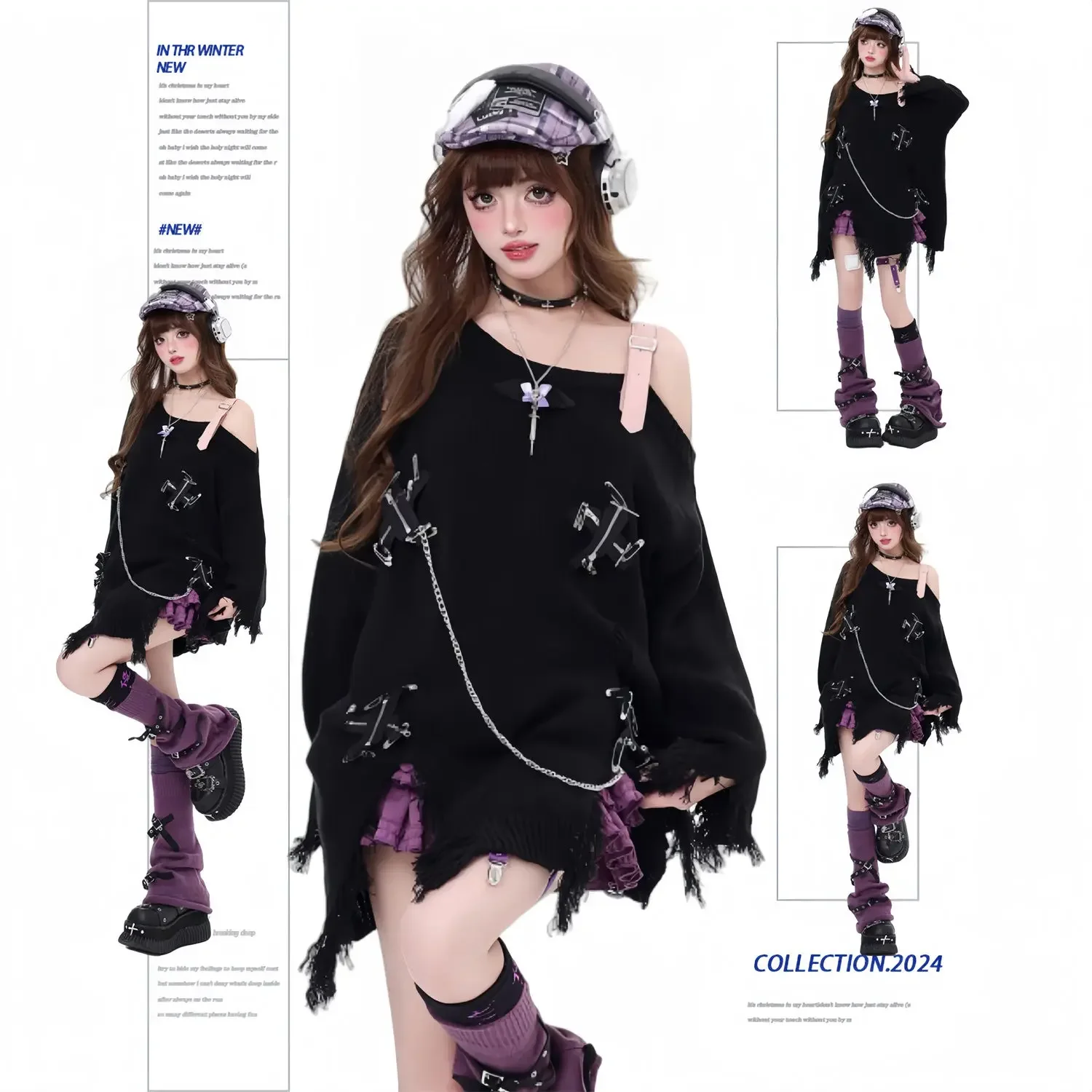 Субкультурный рваный свитер с открытыми плечами и кисточками для женщин