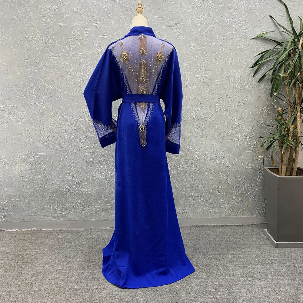 2022 New Muslim Abaya Dubai Kaftan Beaded Backless Cardigan Long Dress Boubou Turkey Woman Ankara Diamond Evening Gown