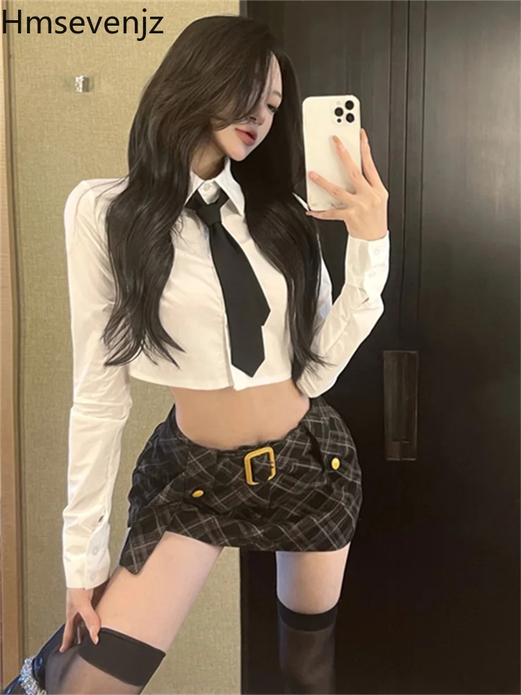 

Весенний сексуальный костюм Hmsevenjz с юбкой для девушек, женская рубашка с высокой талией и облегающая клетчатая мини-юбка