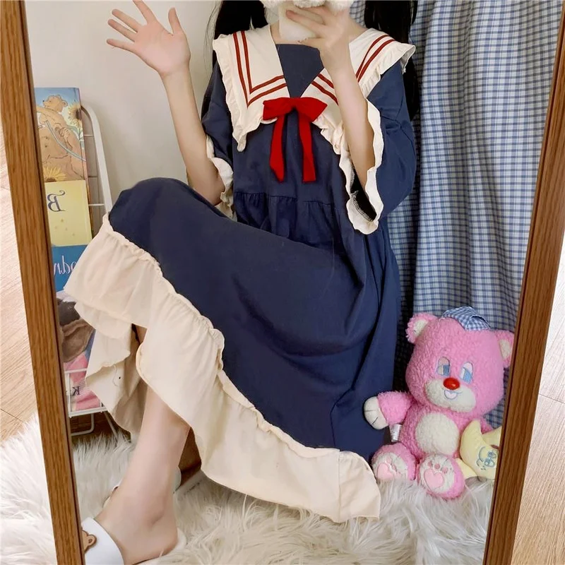 QWEEK Women's Nightgowns Kawaii Princess Style Nightdress Bow Navy Collar Sleepdress Summer Homedress Nightwear Cosplay Cute