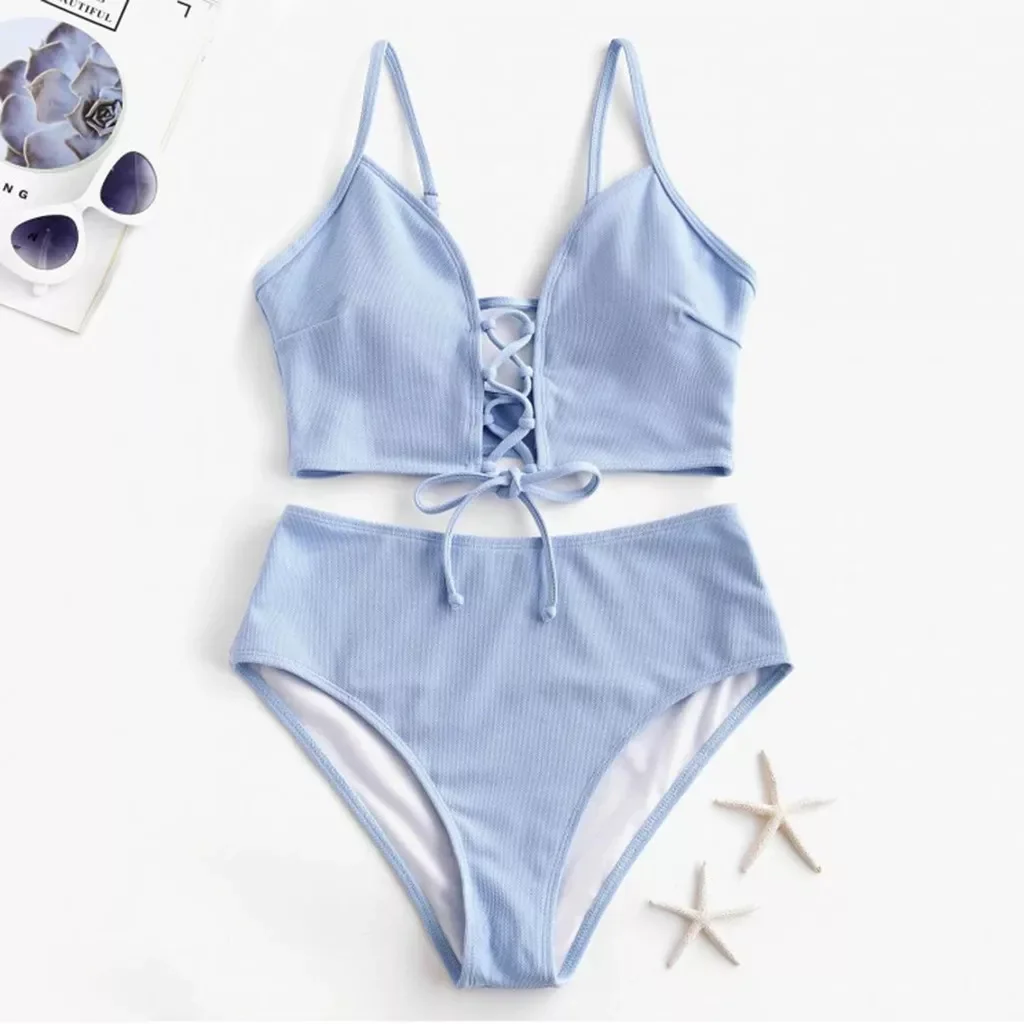 

#Z30 High Waist Swimsuit Bikinis Solid Push Up Bikini 2020 Padded Bra Straps Bandage Female Swimwear Women Biquini Bikini Set