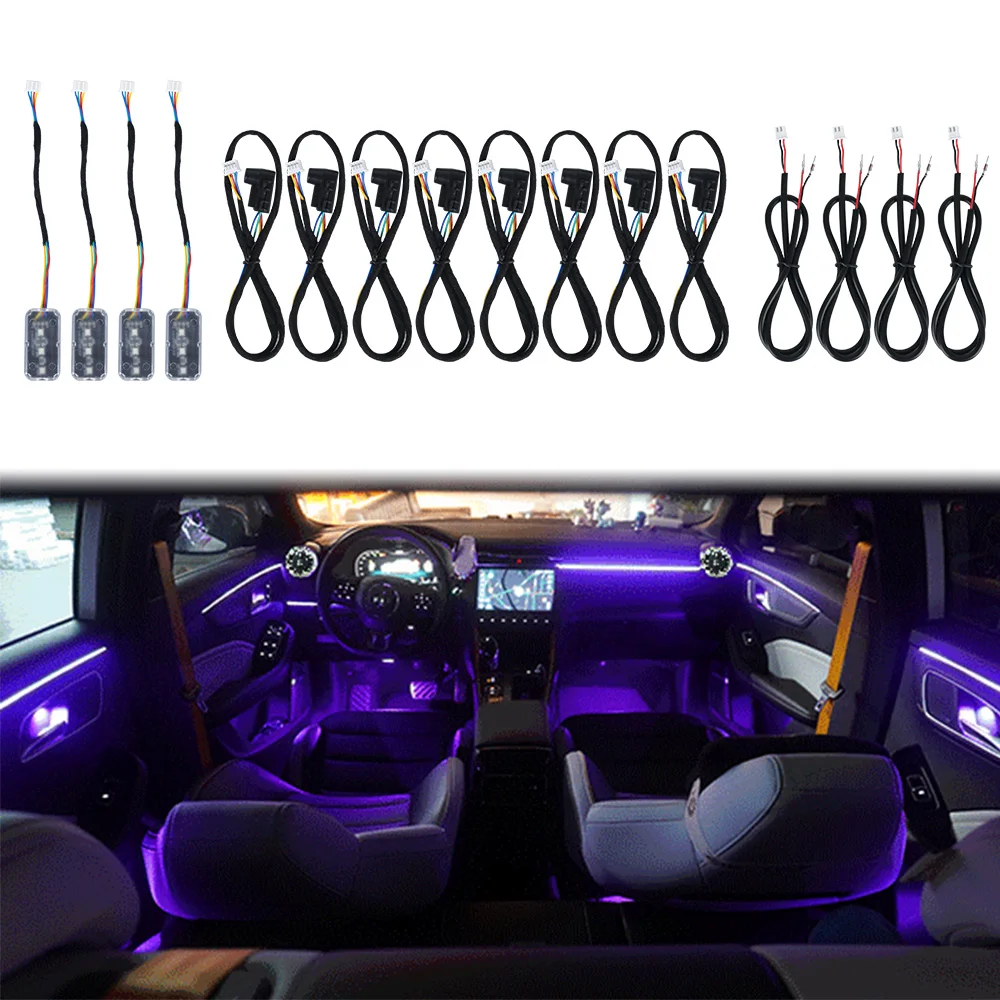 

64 Color 12V Car Interior RGB Lights LED Strips Ambient Lamps Acrylic Fiber Optic Door Dashboard Foot Decorative Smart Bluetooth