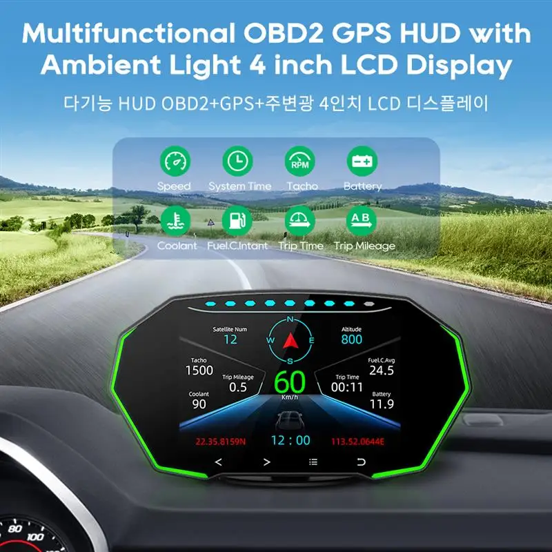 

Auto HUD Head Up Display OBD 2 GPS Car Hud Dual System Car Projetor Speedometer Water Oil Temp Overspeed Fatigue Alarm