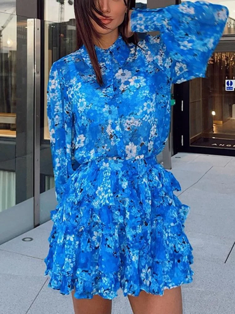 

Женский офисный комплект из 2 предметов, элегантная рубашка с цветочным принтом, отложным воротником, пуговицами и юбка-Тюльпан с оборками, ...