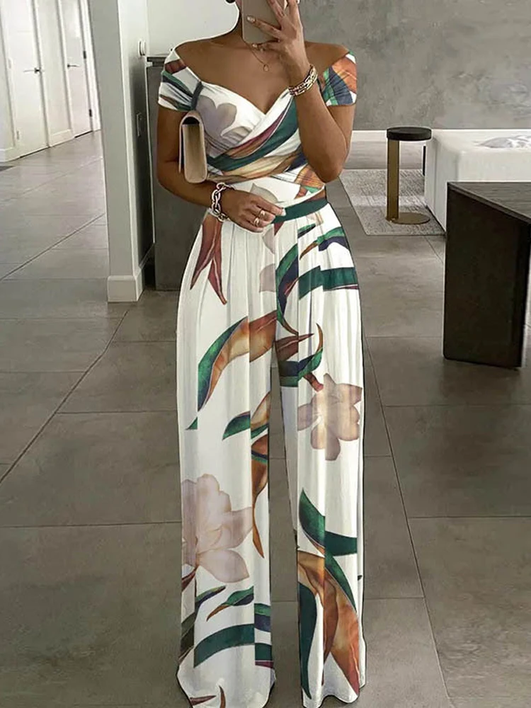

Summer Chic Women Floral Printed Straight Party Playsuit Fashion Club Romper Elegant Skew Collar Sleeveless Jumpsuit