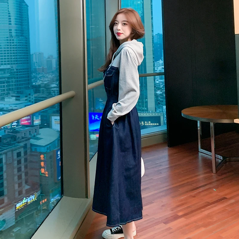 

COIGARSAM Women Dress Spring New Fashion Casual Patchwork Blue Dresses Dropshipping