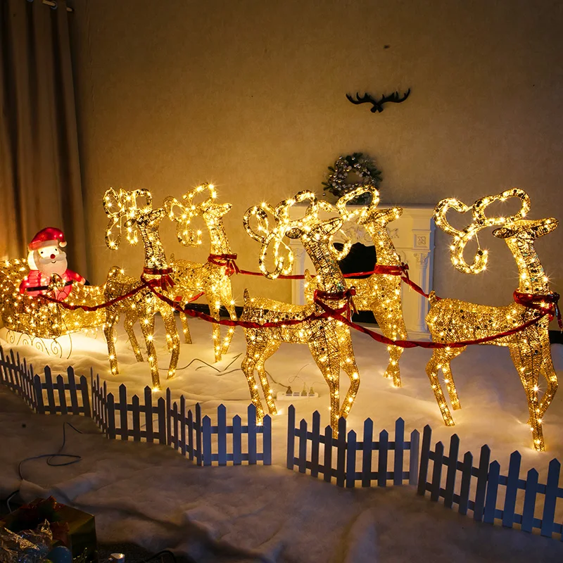 

Christmas Luminous Wrought Iron Doe Family of Three Ornaments Fawn Sleigh Cart Bar Hotel Shopping Mall Atmosphere Decoration