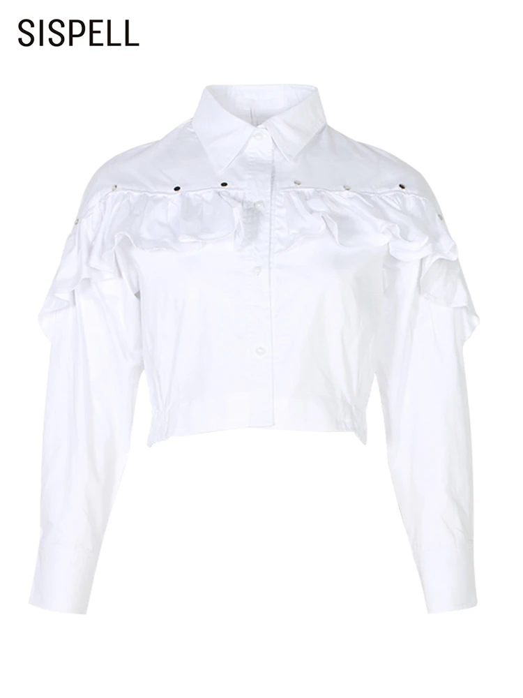 

SISPELL Patchwork Ruffle Trim White Shirt For Women Lapel Long Sleeve Solid Slim Button Through Blouse Female Fashion Clothing