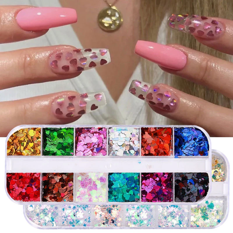 

12 Grid Valentine's Day Manicure Design Laser Love Heart Nail Sequins Sparkle Nail Art Glitter Flakes 3D Accessories Decorations