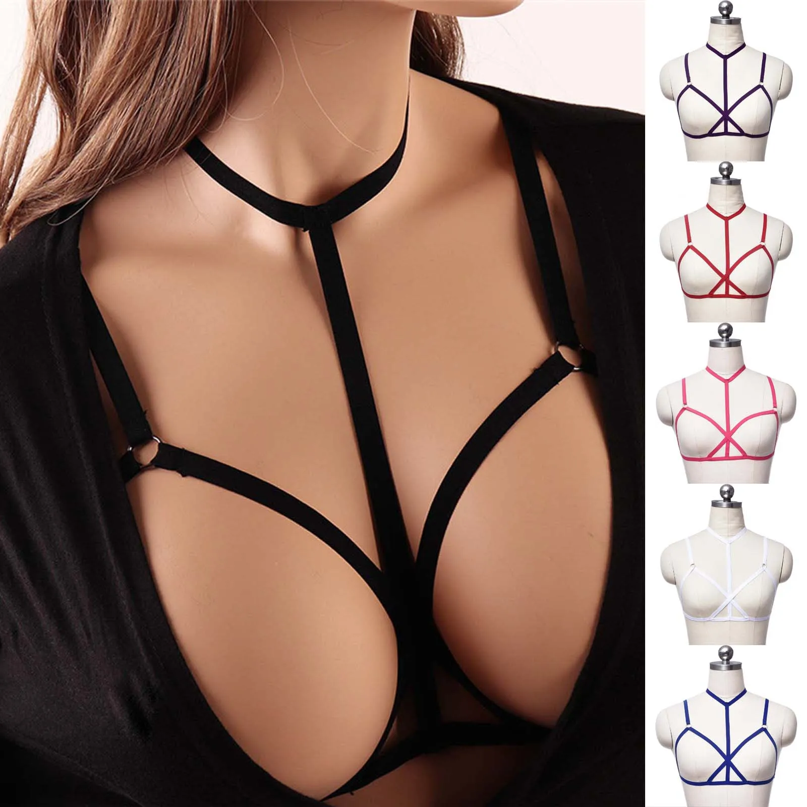 

Womens Sexy Cage Halter V-neck Lingerie Bustier Hollow Lingerie Corset Solid Lace Underwire Muslin Sleepwear Harness Bra