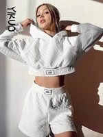 yikuo checkered 2 piece shorts set for women long sleeves hooded sweater and shorts suit 2022 autumn casual sports outfits femme