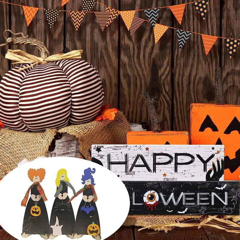 

3PCS Halloween Wooden Sign Mini 3D With Stand 7.9 Inchx3.15 Inch Decorative Sign Tabletop Art Decor Wood Blocks