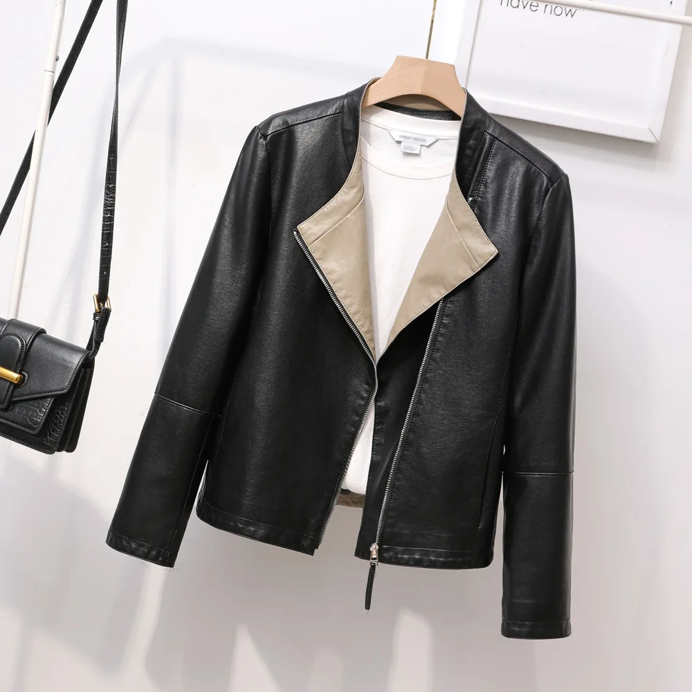 Aliexpress 2023 spring new women's collarless simple a zipper leather jacket jacket leather