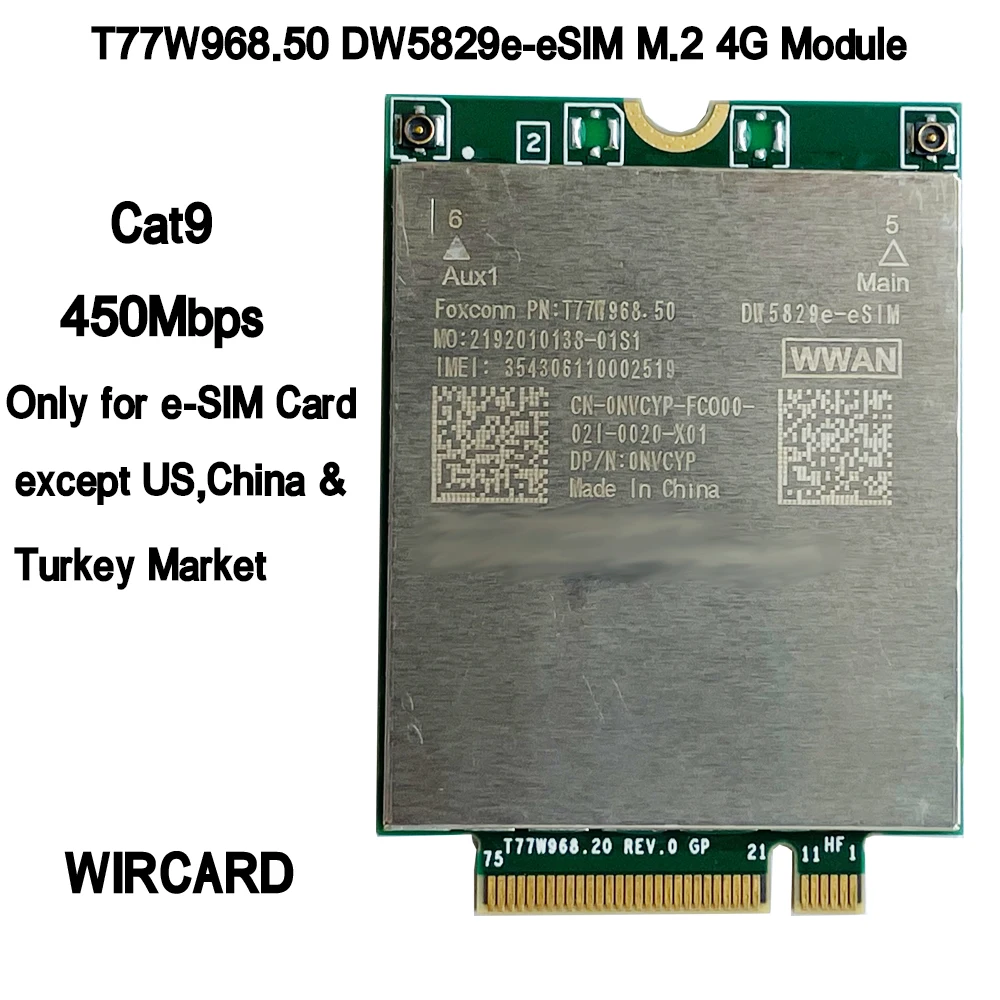 Фото Модуль 4G DW5829e-eSIM t77w968,50 FDD-LTE, X20, LTE, Cat9, 450 Мбит/с, TDD-LTE, для Dell 7320, 7330, 7520, 7530 №1