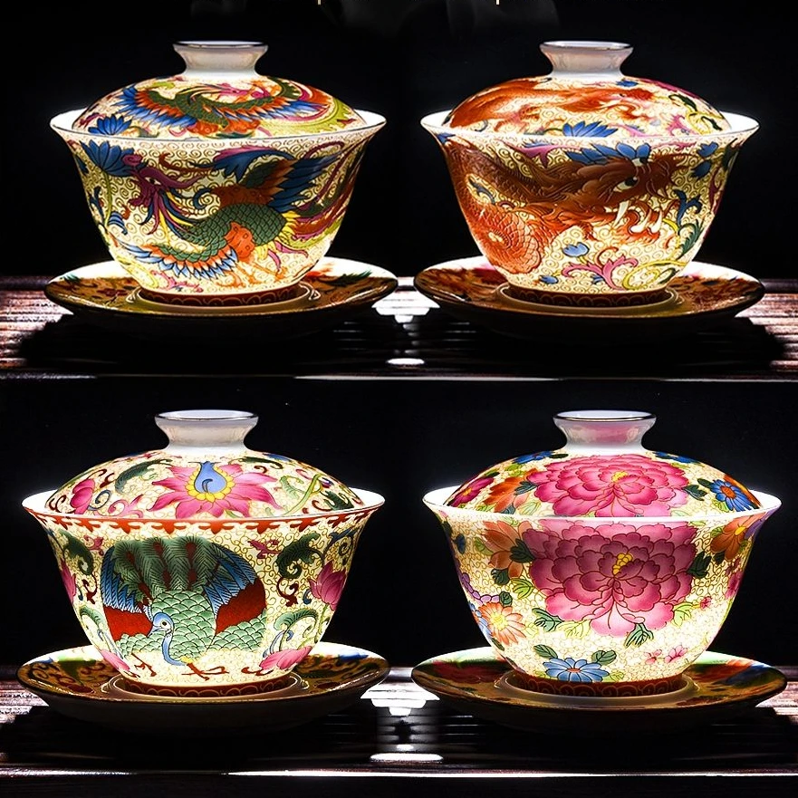 

Эмалированный цвет дракон феникс искусственная Чаша Блюдо Набор ручной росписи кунг-фу чайная посуда