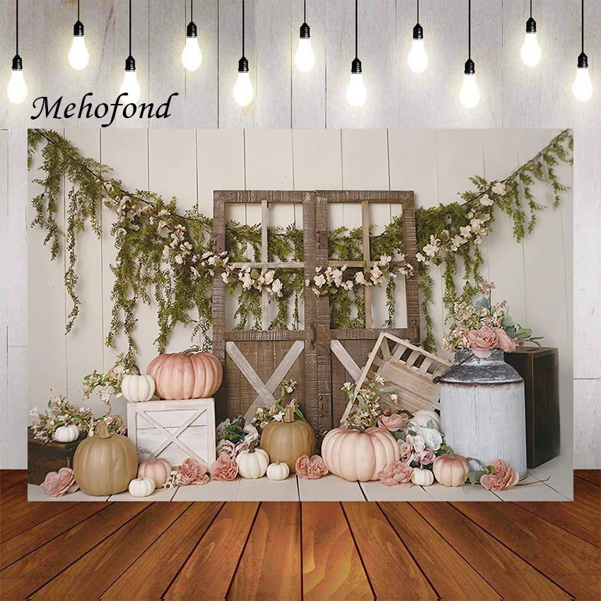 

Mehofond Photography Background Autumn Pumpkin Floral Wooden Door Girl 1st Birthday Party Cake Smash Decor Backdrop Photo Studio