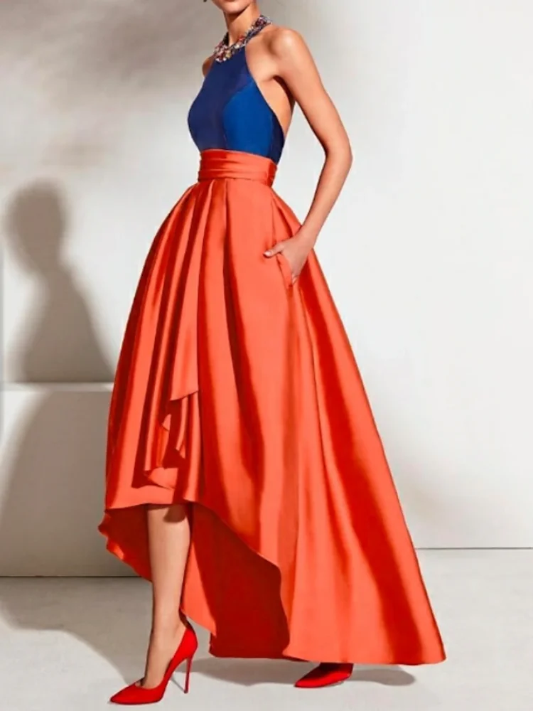 

A-Line Prom Gown Color Block Dress Formal Evening Asymmetrical Sleeveless Halter Satin with Pleats Party Dresses