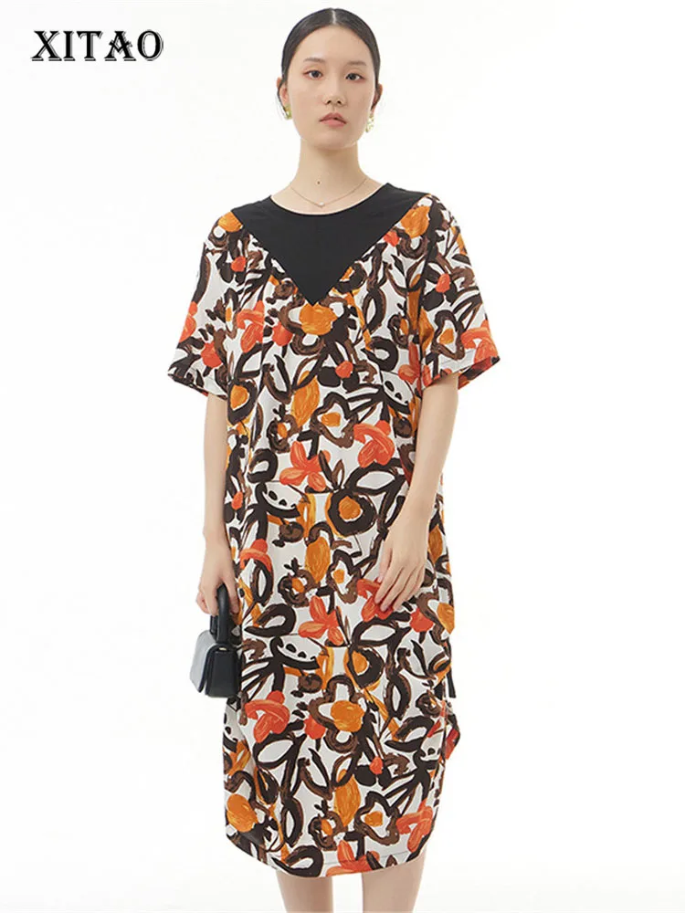 

XITAO Print Pattern Dress Pullover Goddess Fan Casual Style Pleated Drawstring Small Fresh Patchwork Loose Dress WMD5423