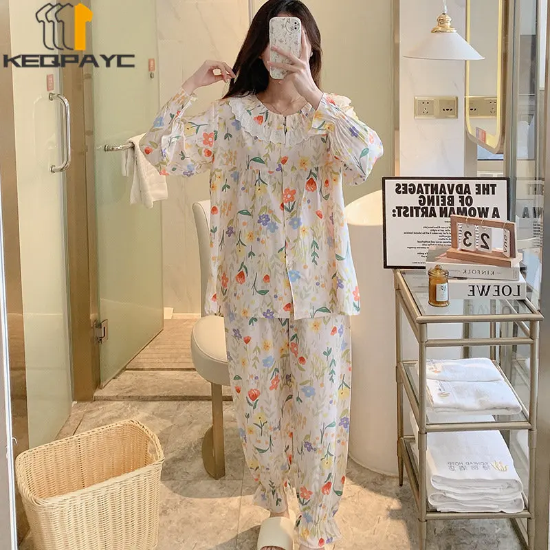 Women's Pajamas New Spring Autumn Long Sleeve Lace Cardigan Thin Sleepwear Women Flower Print Casual Nightwear Clothing Sets