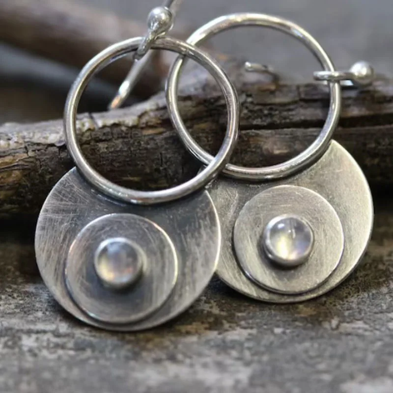 

Vintage Boho Hollow Silver Color Hook Dangle Party Earrings Women Tribal Antique Metal Transparent Round White MoonStone Earring