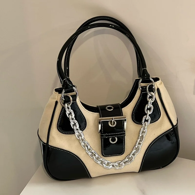 

Cool Girls Y2K Vintage Patent Leather Spliced Canvas Nylon Shoulder Bag Women's Metal Chain Underarm Bag Female Crossbody Bag
