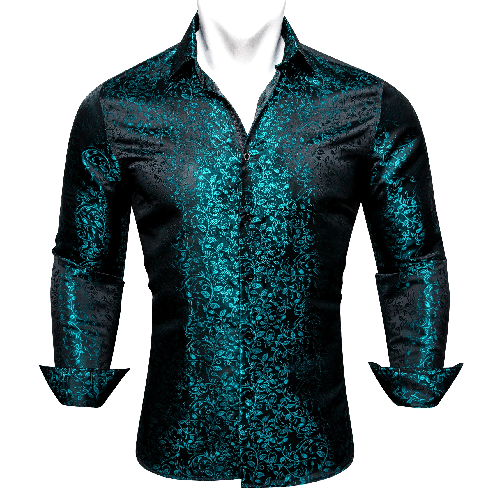 

Luxury Silk Shirts for Men Teal Blue Green Black Embroidered Spring Autumn Blouses Regular Slim Fit Male Tops Anti Wrinkle 659