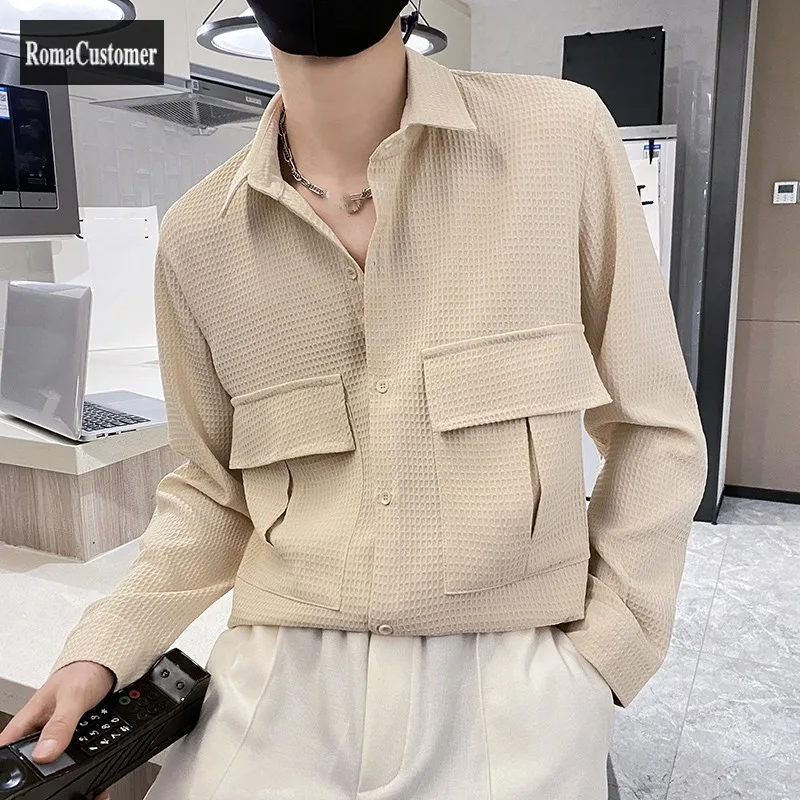 

British Style Casual Long Sleeve Shirt Mens Fashion Trend All-Match Business Loose Korean Version Plaid Solid Cargo Blouse