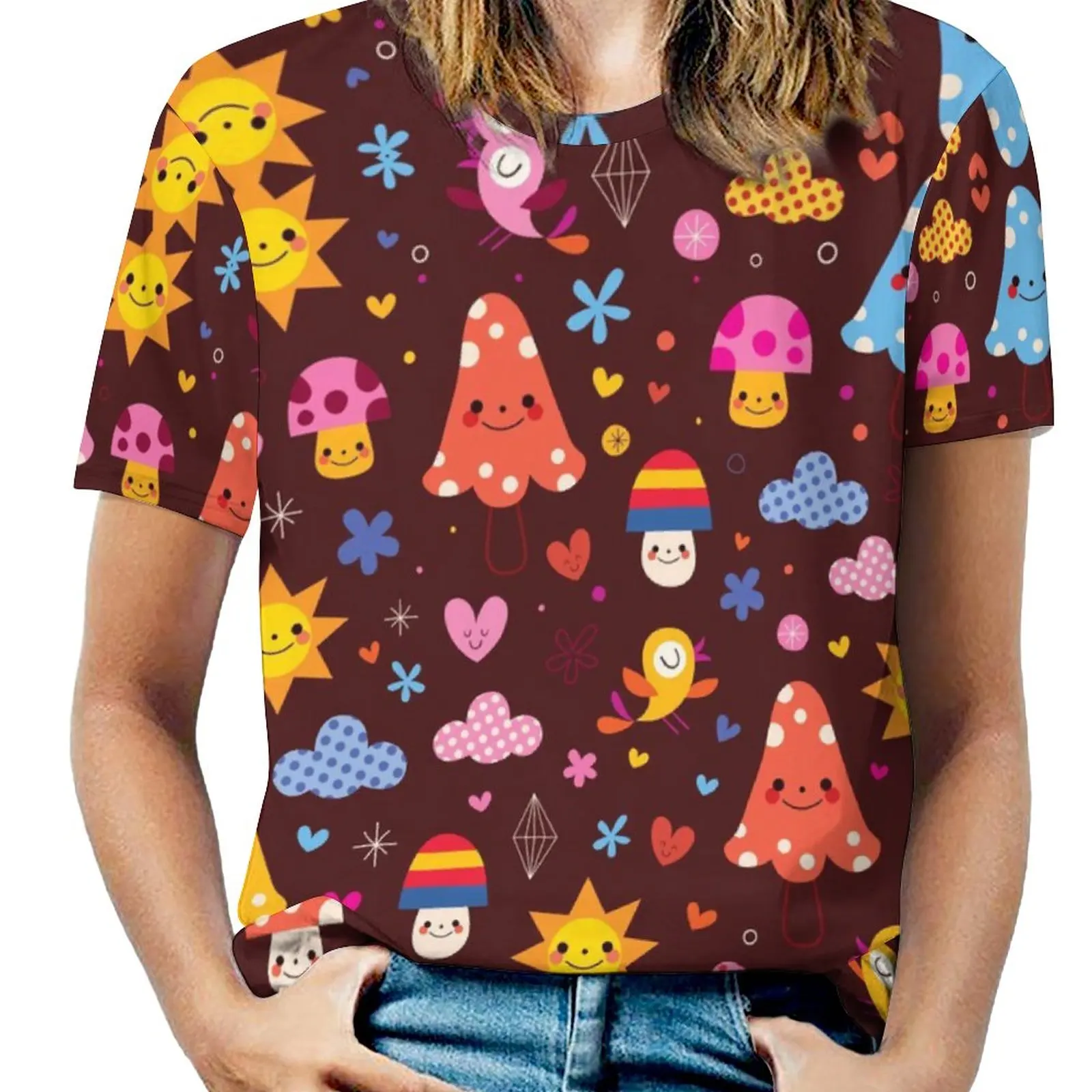 

Cute Wall Mural Cute Mushrooms Flowers Birds Seamless Pa (1) Top Tee High Grade Crewneck Motion Fitness USA Size