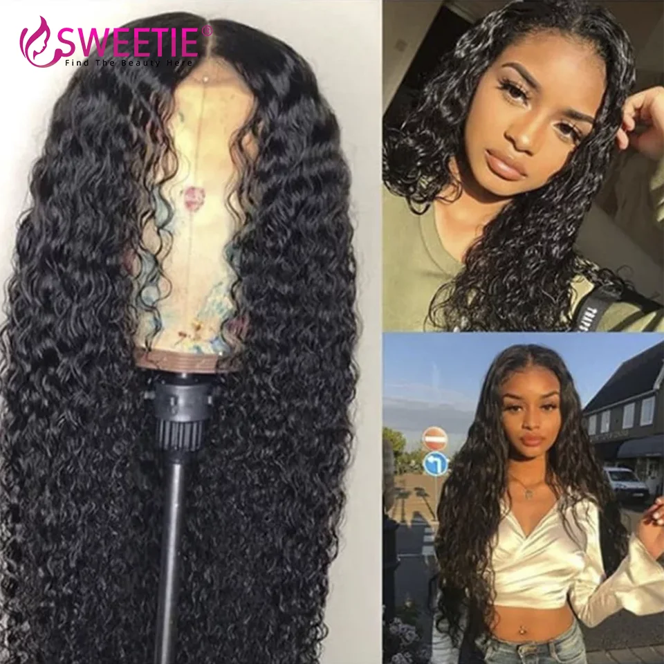 Sweetie Kinky Curly 4x4 Lace Closure Human Hair Wigs Pre Plucked Brazilian Remy Curly 13x1 4x1 T Part Lace Wigs For Black Women