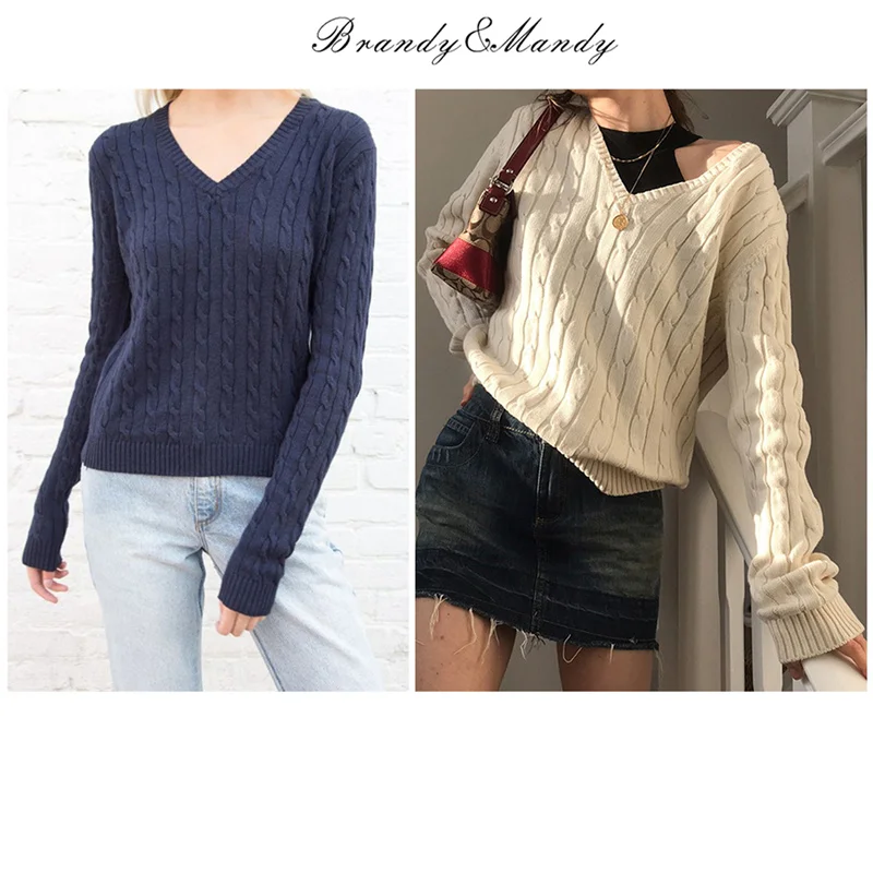 

Sweater Brandy Mandy Women Top Autumn Casual Sweaters V Neck Long Sleeve Knit Pullover Sweater for Girls Navy Woman Crop Sweater
