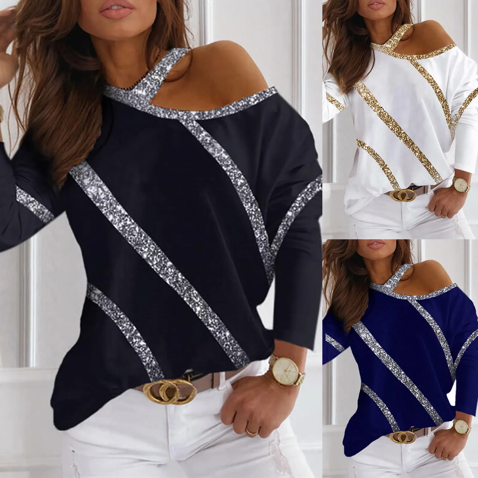 

Women Fashion Bright Silk Printing Long Sleeves Loose Blouses Sweatshirt Tops Off-shoulder Pullover Loose Blouse