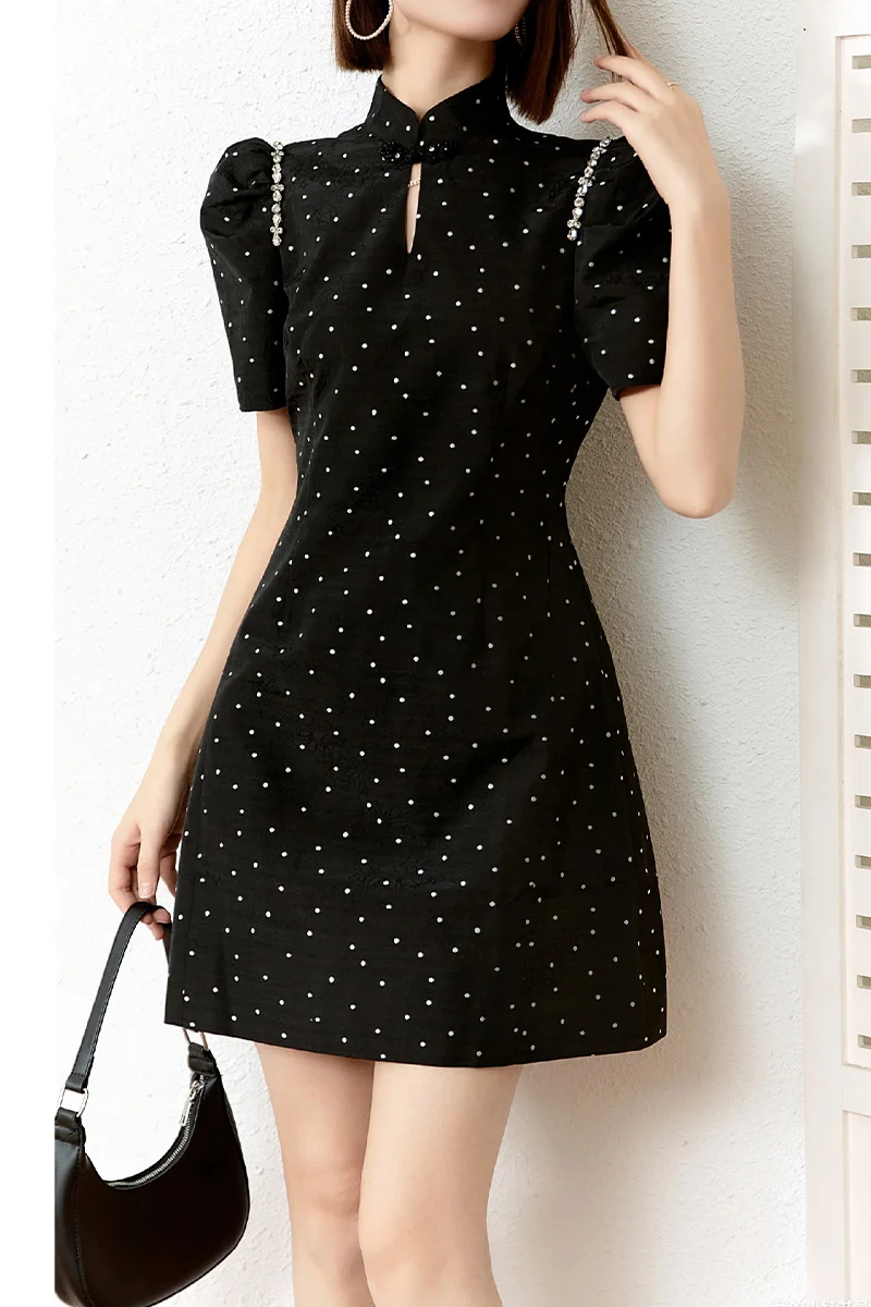 Black dress women's summer 2023 new stand collar new Chinese skirt bubble sleeve polka dot Little black dress small man