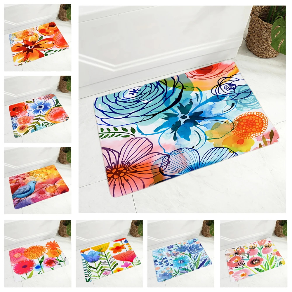 

Watercolor Flower Carpet Decor Floral Bird Colorful Plant Doormat Super Soft Flannel Non-Slip Floor Door Mat 40X60CM