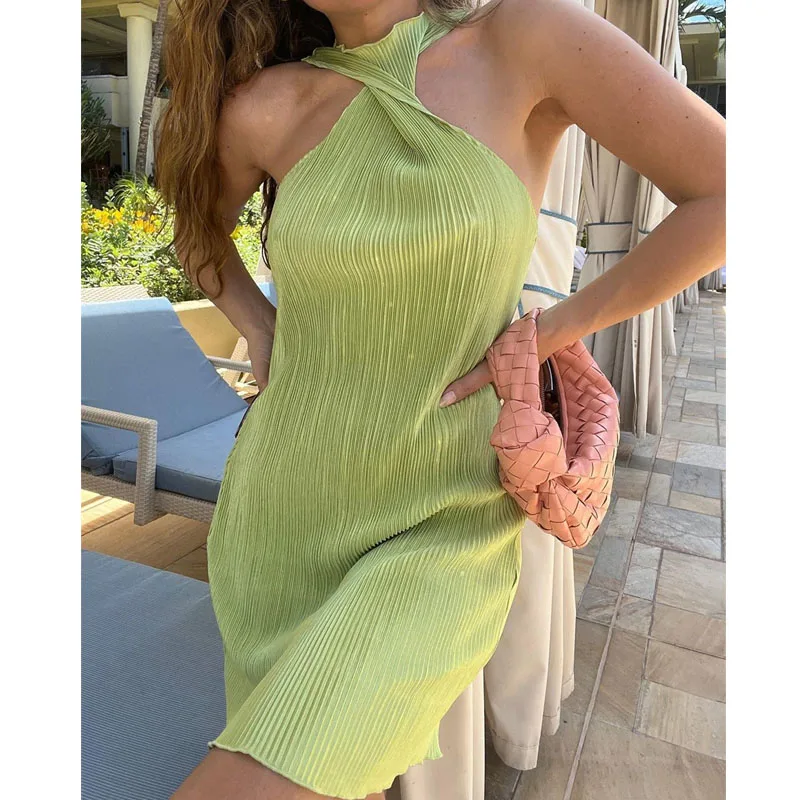 

Летнее уличное платье для вечерние Y2k, сексуальное женское Плиссированное мини-платье без рукавов, женские зеленые платья с лямкой на шее для ночного клуба, платья 21922