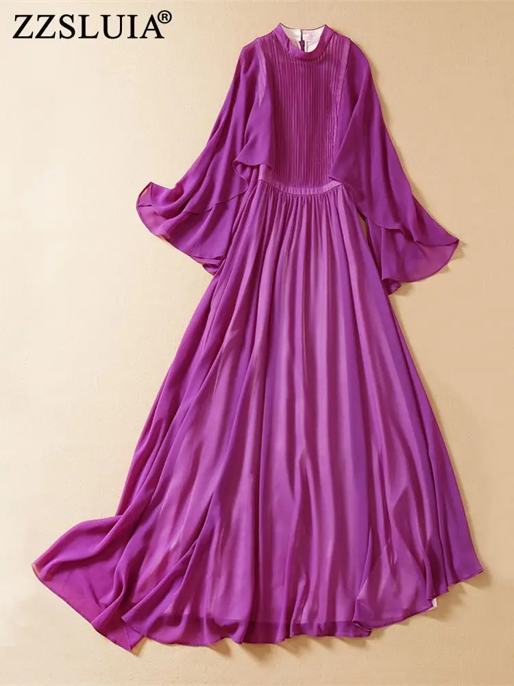 

ZZSLUIA Bohemia Long Dresses For Women Draped Designer Stand Collar Slim Elegant Dress Fashion Flare Sleeve One Piece Female
