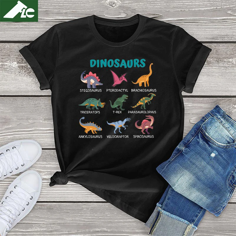 

100% Cotton Unisex Top Dinosaur Stegosaurus Brachiosaurus Graphic T Shirt Women Funny T-Rex Pterodactyl Casual Female T Shirt