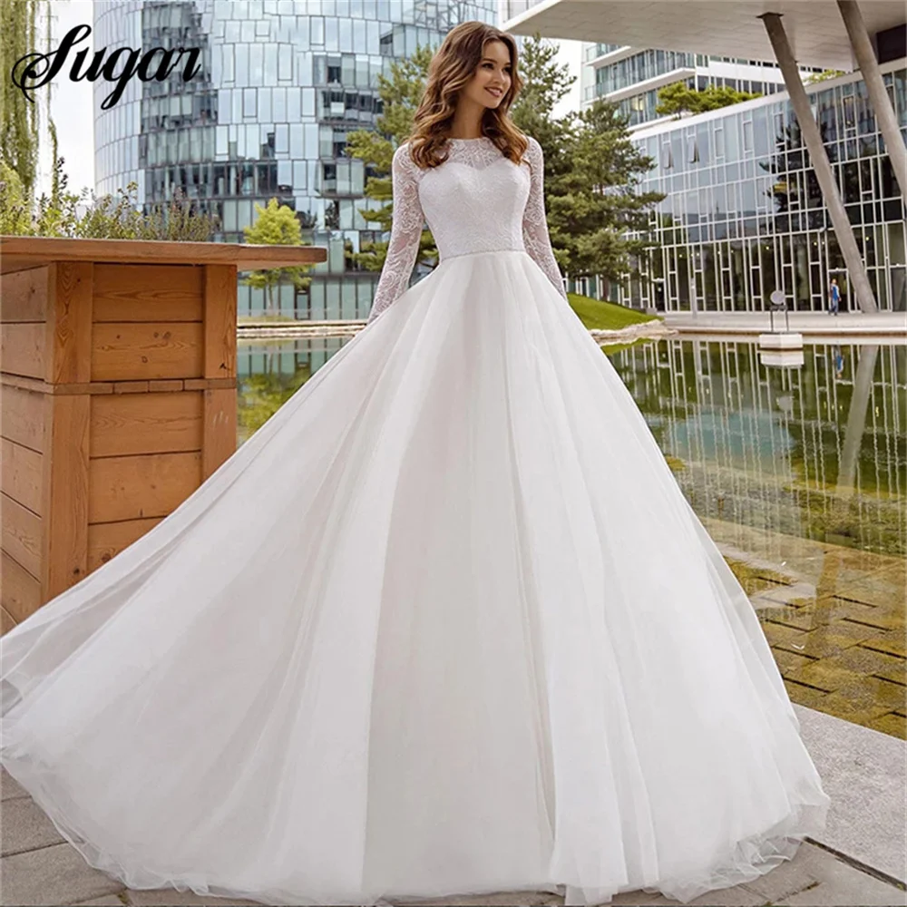 Купи Elegant Wedding Dresses Long Sleeves Wedding Gowns For Bride Illusion Lace Button Back Vestido De Novia Custom Made за 4,800 рублей в магазине AliExpress